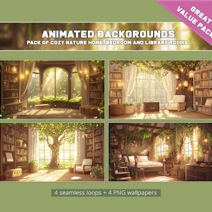Puede incluir: Un paquete de arte digital con cuatro fondos animados de acogedoras casas de naturaleza, dormitorios y bibliotecas. Cada escena incluye estanterías, ventanas e iluminación suave. El paquete incluye 4 bucles sin costuras y 4 fondos de pantalla PNG.