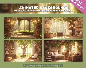 May include: A digital art pack featuring four animated backgrounds of cozy nature homes, bedrooms, and library rooms. Each scene includes bookshelves, windows, and soft lighting. The pack includes 4 seamless loops and 4 PNG wallpapers.