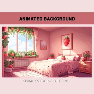 アニメーションの vtuber 背景 | ピンクのかわいい寝室 | Vtuber かわいい背景 | ピンクのかわいいちび部屋 | ピンクのイチゴの背景