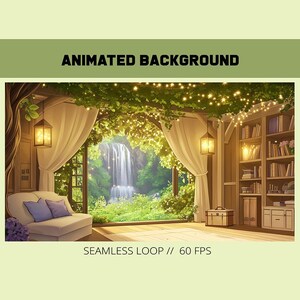 Vtuber Cozy Treehouse animated stream background | cottage core library room | Vtuber anime background | magical treehouse | green room