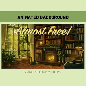 Animowane tło biblioteki strumieniowej do nakładki Twitch: ciepła, przytulna atmosfera biblioteki domku (pobieranie cyfrowe)