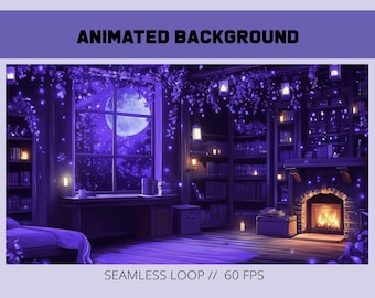 Fundo animado de cabana roxa, biblioteca aconchegante em estilo chalé, visual para Twitch, cenário em loop 4K | cenário mágico de fantasia para vtuber