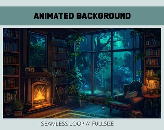 Fond de bibliothèque bleu pluvieux animé | Superposition de contraction de forêt sombre | Fond de flux Vtuber | bibliothèque magique fantastique | noyau de chalet