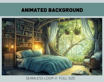 May include: A cozy bedroom with a bed, a bookshelf, and a window overlooking a lush green forest. The room is decorated with fairy lights and a lamp. The bed has a blue blanket and two pillows. The bookshelf is filled with books. The window is open and the curtains are drawn back. The forest is full of trees and plants. The image is a seamless loop.