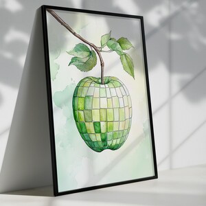 レトロディスコアップルウォールアート - モダンボヘミアングリーンフルーツプリントキッチンプリント、バーカート用プレッピーデコレーション - ガーリーバースデーポスター