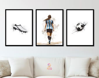 パーソナライズされたサッカーウォールアート、印刷可能なサッカープリントの女子寝室装飾、女子部屋ポスター、アルゼンチンサッカー選手のジャージ、サッカーギフト