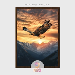 Steinadler schweben über Sonnenaufgang Berge Wanddekor, Majestätische Wildtier-Kunstdruck, druckbares preisgekröntes hochauflösendes Adlerbild