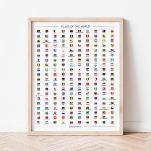 May include: A framed poster titled FLAGS OF THE WORLD featuring a grid of small national flags, each with a circular checkbox underneath. The print is encased in a light-colored wooden frame and displays the text BACKSTORY MAP CO. at the bottom.