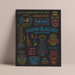 Pode incluir: Pôster preto com ilustrações e texto em estilo neon relacionados a Memphis e Beale Street, incluindo notas musicais, guitarras e logotipos de restaurantes. O texto inclui "Home of the Blues" e "King's Blues Club."