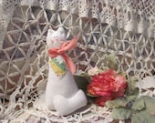 Handmade White Soft Kitty Cat 9 quot Tall Quilted Heart from Vintage Quilt, Valentine Kitty Cat