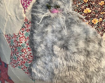 Among the Stars, Old Quilt Section with Appliqued Furry Gray Kitty Cat