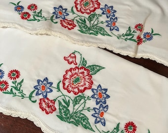 Pair Vintage Embroidered Floral Pillowcases with Scalloped Trim...Bold