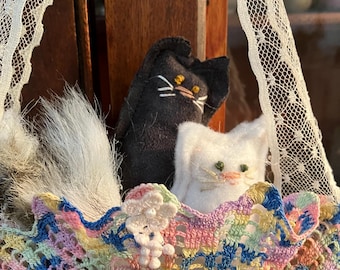 Handmade Kitty Cats in their  "Hanging" Lacy Doily Home