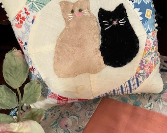 Two Appliqued Cats on Vintage Quilt Section