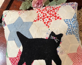 Vintage Quilt Section Star Fabric with Appliqued Black CAT