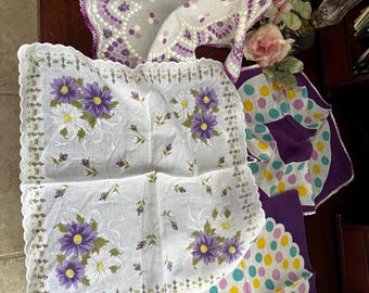 4 Lavender Hankies, Handkerchiefs, PoLKA DOTS, Scalloped, Crochet Edges