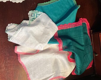 WoW..Lowered  4 Colorful Hankies, Crocheted Edges ,Greens, Pink