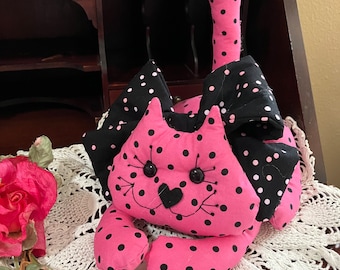 Handmade pink polkadot kitty cat with polka dot bow,