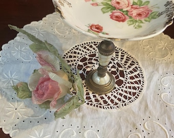 Tiered Porcelain Rose Bowl on Vintage Brass Mother of Pearl Candlestick