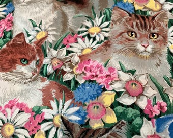 Quilting Fabric , Cats in the Flowers,  Continuous 1 Yard Cuts.
