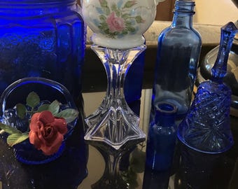 Old Roses Dish on Clear Glass Candleholder..rings,jewelry,floral