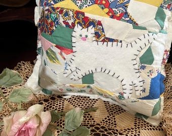 White and Black Cat Appliqued on to Vintage Quilt Section