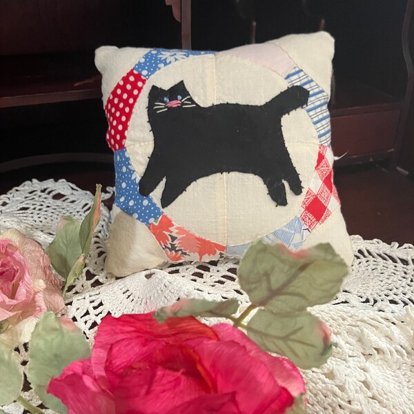 CAT on the run! black suede Kitty Cat Appliqued on Front of Vintage quilt section handmade by me.