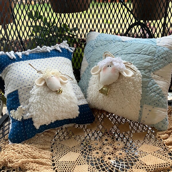 Vintage Quilt Pillow with Handmade Sheep / Lamb on the Top Chenille on the back