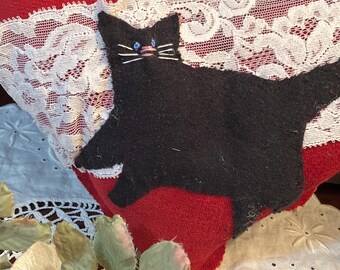Black Cat on the Run on top of Red Swede Heart Pillow.....Wide Lace