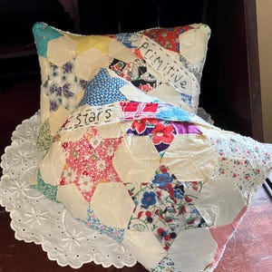 Primitive STAR Pillow Made from Vintage Handmade Star QUILT + Embroidered,Chenille