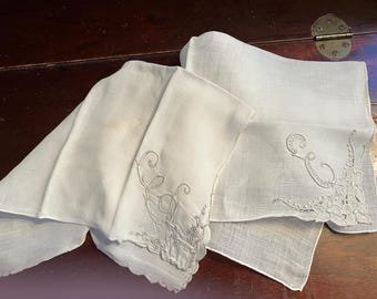 2 White Monogrammed 'E' Hankies, Handkerchiefs