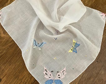 Large White Hanky with Butterflies, 14 x 14