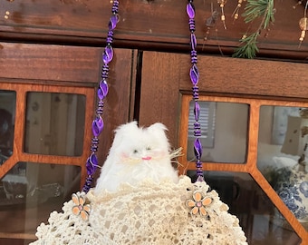 Handmade Furry Cat in Crocheted Doily with Purple Beaded Hanger (14" x 9")
