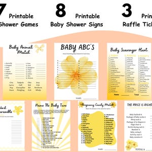 Juegos, letreros, rifas y recuerdos para baby shower con temática de tonos amarillos. Paquete imprimible con hoja de respuestas.