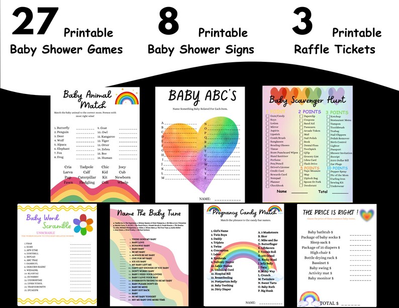 Rainbow Themed Baby Shower Games, Signs and Raffles, Rainbow Baby ...