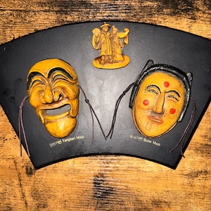 Korean Mask Wall Art – Yangban & Bune Talchum Masks on Fan-Shaped Plaque – Vintage Korean Folk Art