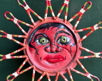Vintage Hand Painted Metal Sun Face Ornament, Folk Art Celestial Wall Hanging, Colorful Boho Patio Decor, Mini Mexican Style Sun Decor