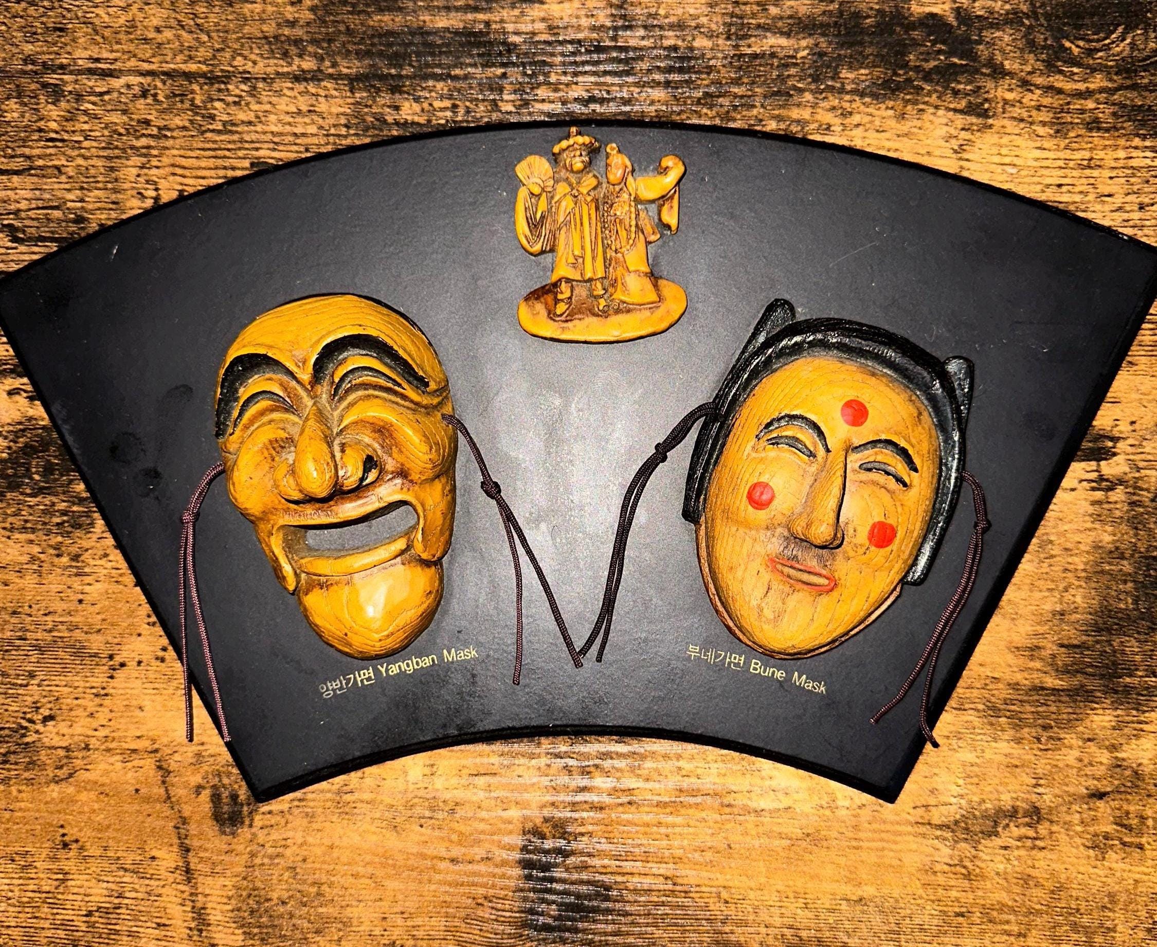 Vintage Korean Mask Wall Art: Hand-carved Yangban & Bune Talchum