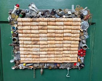 Vintage Cork Assemblage Art, Found Object Wall Hanging, Eclectic Folk Decor