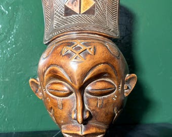 Vintage Chokwe Hand-Carved African Wood Mask Sculpture