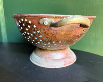 Vintage Red Colander Footed Strainer, Rustic Red Kitchen Decor, Farmhouse Bowl