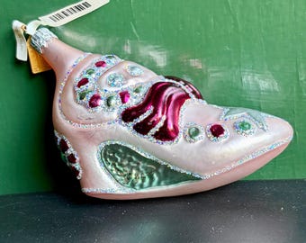 Vintage Pink Glass Shoe Ornament – Hand Blown Glitter Jewel Holiday Decor
