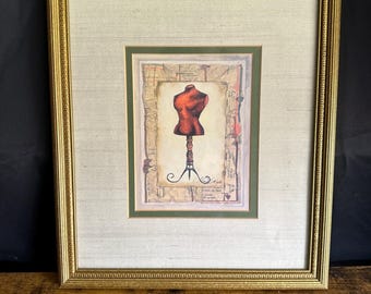 Vintage Dress Form Wall Art, Framed Fashion Illustration with Mannequin, Parisian Atelier Style Decor