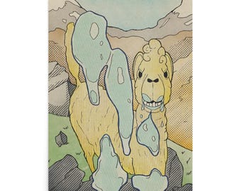 May include: A whimsical art print featuring a yellow llama-like creature with blue, drippy accents. The illustration has a comic book style with a mountain backdrop and green grass. The artwork is a unique piece of wall decor.