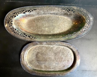 Vintage Silverplate Serving Trays Set, Ornate Cutout Rim, Moody Patina