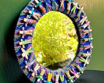 Handmade Folk Art Mirror with Woven Textile Frame and Miniature Dolls – Boho Wall Decor