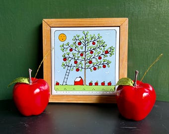 Vintage Apple Tree Ceramic Tile Plaque, Lillian Vernon 1984, Farmhouse Fall Decor
