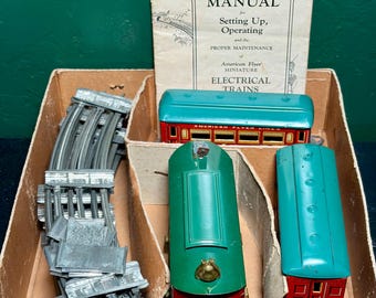 Pre-War American Flyer Train Set, Tin Cars, Jefferson Transformer & Manuals