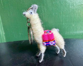 Handmade Alpaca Keychain, Felted Llama, Boho Folk Art Mini Animal, Lllama Gift