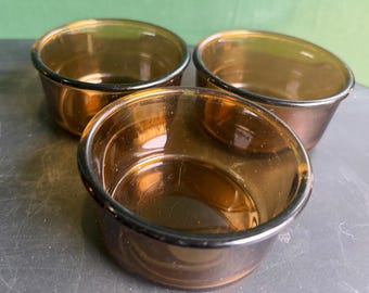 Juego de 3 ramequines vintage de vidrio ámbar Arcoroc / Cuencos de postre retro de la década de 1970